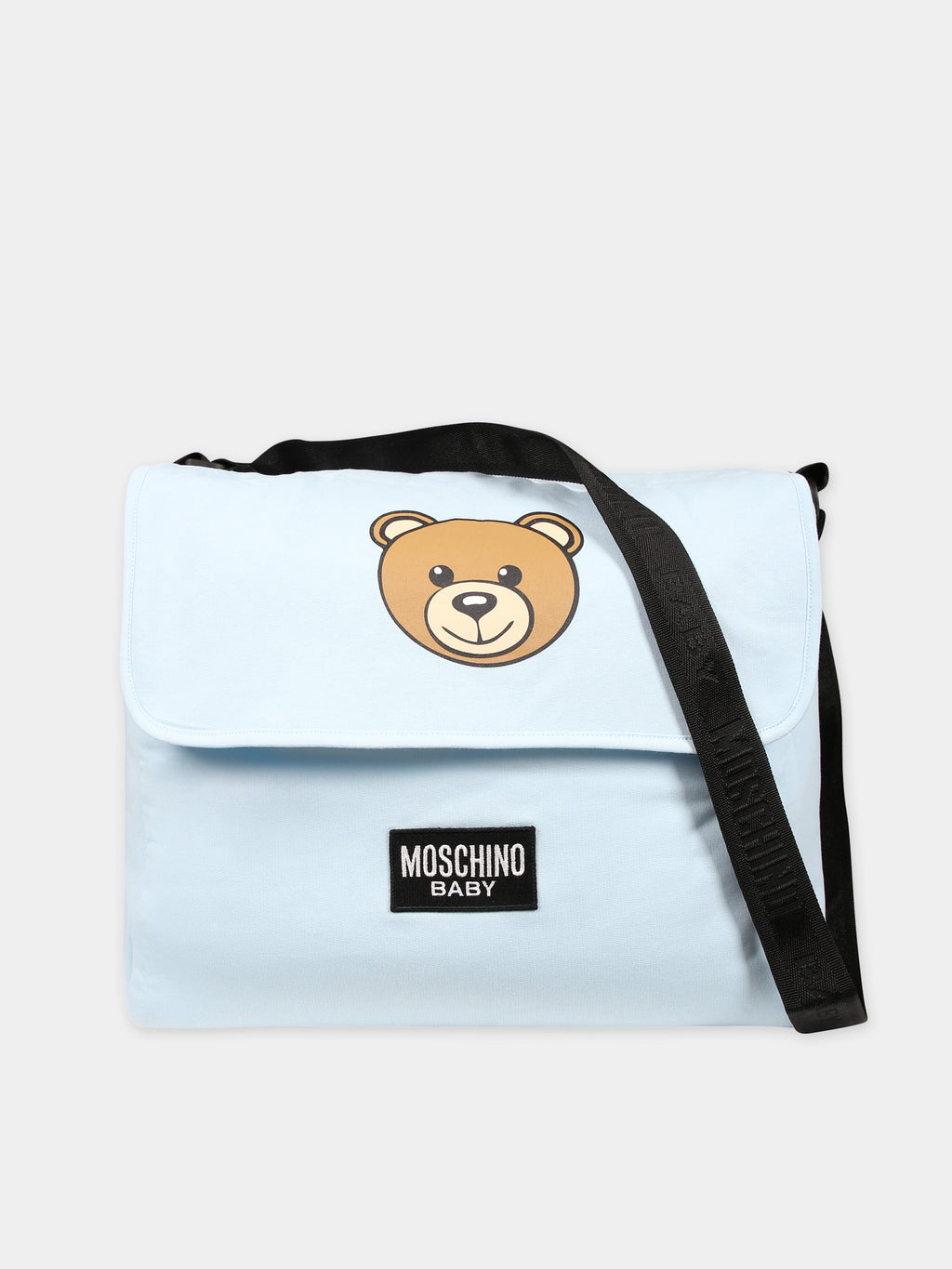 Light blue mother bag for baby boy with Teddy Bear and logo